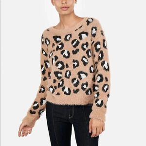 Express Cream/Tan and Black Cozy Fuzzy Eyelash Leopard Sweater Size XS